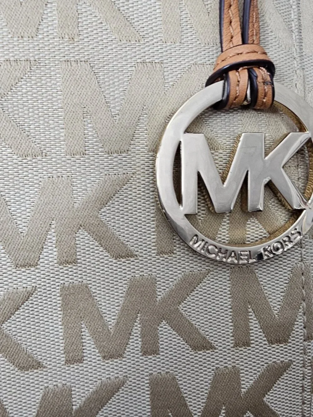 Michael Kors Jet Set Monogram Canvas Leather Boho Tote Shoulder Bag COA Beige